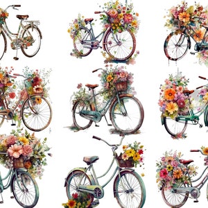 Watercolor Floral Bicycles Clipart, PNG images, Instant Download Scrapbook, Junk Journal, Paper Crafts Scrapbooking, Transparent background