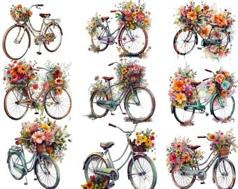 Watercolor Floral Bicycles Clipart, PNG images, Instant Download Scrapbook, Junk Journal, Paper Crafts Scrapbooking, Transparent background