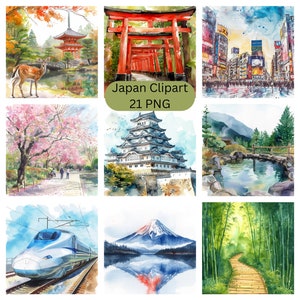 Watercolor Japan Clipart, PNG individual images on transparent background, sublimation, commercial use