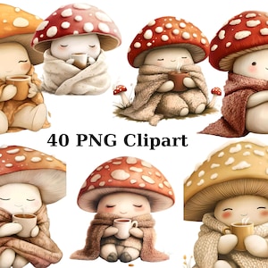 40 Cute Cozy Mushrooms Watercolor Clipart, Whimsical Clipart, PNG individual images on transparent background, sublimation