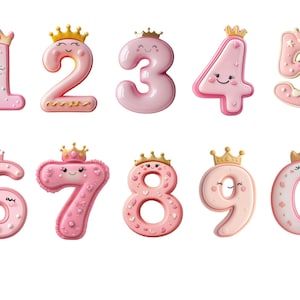 Pink Princess Numbers Clipart - Cute Royalty Themed Number PNG Einzelbilder auf transparentem Hintergrund, Sublimation, kommerzielle Nutzung