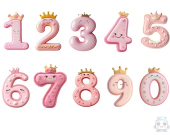 May include: Pink and gold cake toppers shaped like the numbers 1 through 10. Each number has a crown and a smiling face.