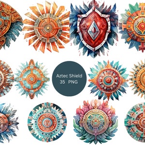 35 Imágenes prediseñadas de escudos aztecas, imágenes prediseñadas aztecas, imágenes individuales PNG sobre fondo transparente, sublimación, uso comercial