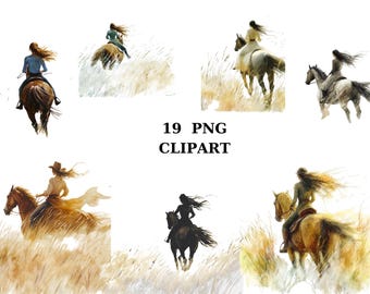 Akvarell ryttare Clipart, 19 PNG-bilder på transparent bakgrund, ridkonst för sublimering och hantverk