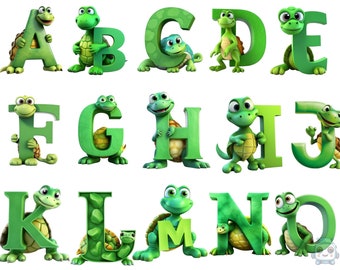 Turtle Alphabet Clipart, transparent background, high quality, clipart, 12x12, commercial use