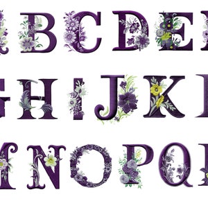 Geborduurd paarse bloemenalfabet, letters png, alfabet png, instant download voor commercieel gebruik, hoge resolutie, 12x12, commercieel gebruik