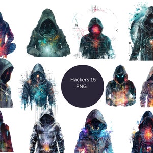 15 Hacker Aquarell Clipart, Technologie Clipart, PNG einzelne Bilder auf transparentem Hintergrund, Sublimation