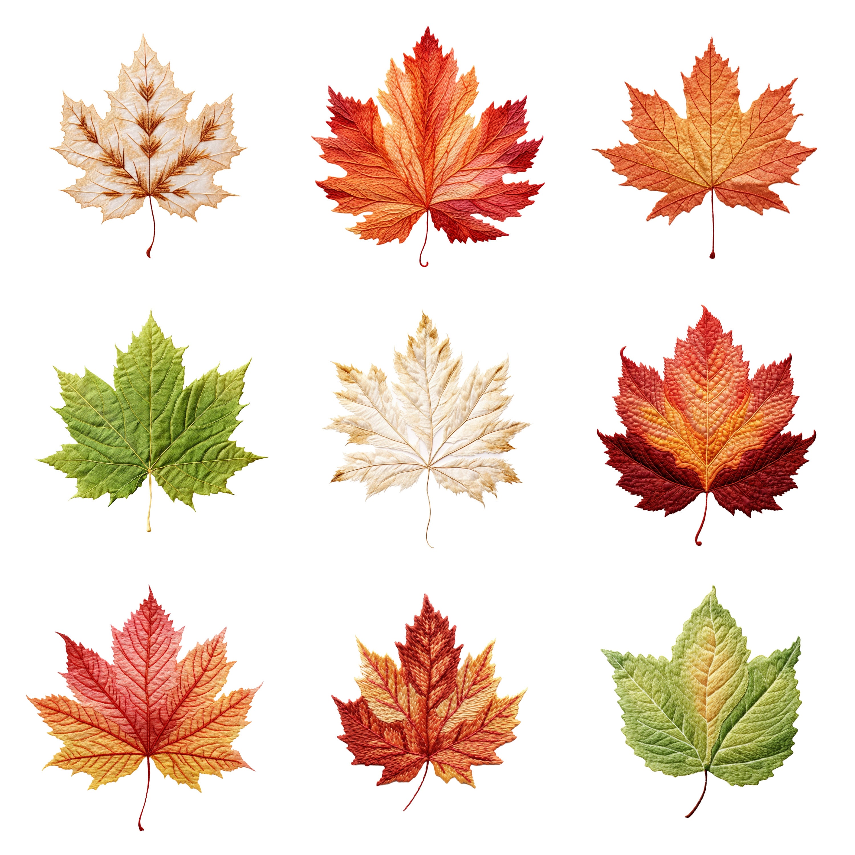 Embroidered Fall Leaves Clipart, PNG Digital Files on a Transparent ...