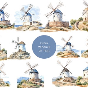 25 cliparts aquarelle de moulins à vent grecs, clipart Grèce, images individuelles PNG sur fond transparent, sublimation