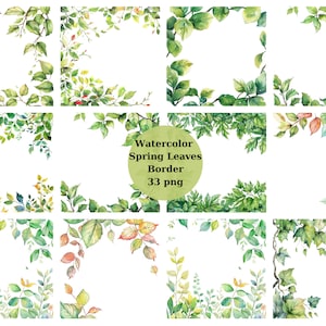 Peut inclure: Un ensemble de 12 bordures de feuilles de printemps en aquarelle. Les bordures sont composées de feuilles et de branches vertes, avec quelques feuilles rouges et jaunes mélangées. Les bordures sont parfaites pour ajouter une touche de printemps à vos créations.