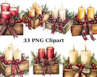 May include: Set of 33 digital clipart images featuring various arrangements of candles in wooden boxes decorated with red and white plaid ribbon and greenery. The candles are white, yellow, and red.