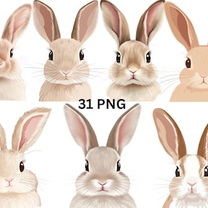 Realistic Bunny Clipart Bundle- 31 Rabbit Faces PNG- Elegant Rabbit PNGs for Easter Decor, Crafts, Sublimation, Printables -Instant Download