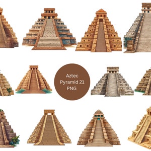 21 Imágenes Prediseñadas de Pirámides Aztecas, Imágenes Prediseñadas de Historia, imágenes individuales PNG sobre fondo transparente, sublimación, uso comercial