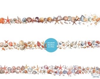 21 Seashell Borders Watercolor Clipart, Border Clipart, PNG individual images on transparent background, sublimation