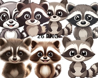 Cute Baby Raccoon Clipart – 26 Adorable Cartoon Raccoon PNG,  Transparent Background,Commercial Use, Instant Download