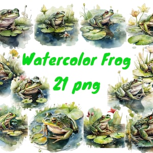 Watercolor Frog Clipart, PNG digital files on transparent background, scrapbook, invitations, commercial use, instant download
