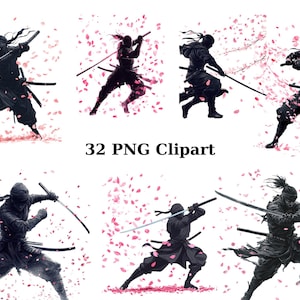 32 samurai ninja&#39;s aquarel clipart, samurai clipart, individuele png-afbeeldingen op transparante achtergrond, sublimatie