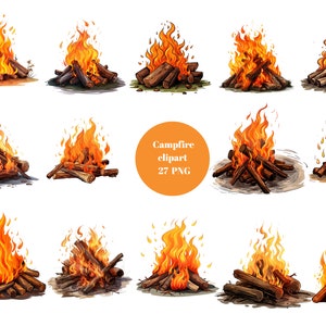 Könnte beinhalten: Eine Sammlung von Illustrationen von Lagerfeuern. Jedes Lagerfeuer zeigt orange und gelbe Flammen, die über einem Haufen brauner Holzscheite brennen. Das Bild enthält eine kreisförmige Grafik mit dem Text "Campfire clipart 27 PNG".