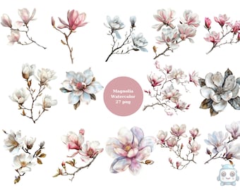 Acquerello Magnolia Clipart, singole immagini PNG floreali su sfondo trasparente, sublimazione, uso commerciale