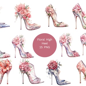 15 Floral High Heels Acuarela Clipart, Floral Clipart, PNG imágenes individuales sobre fondo transparente, sublimación