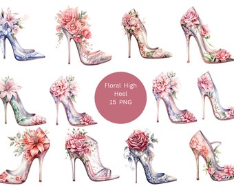 15 Floral High Heels Acuarela Clipart, Floral Clipart, PNG imágenes individuales sobre fondo transparente, sublimación