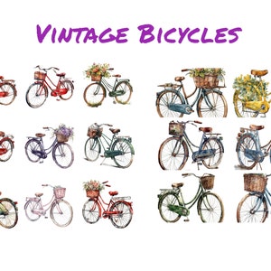 Watercolor Vintage Bicycles Clipart, PNG images, Instant Download Scrapbook, Junk Journal, Paper Crafts Scrapbooking, Transparent background