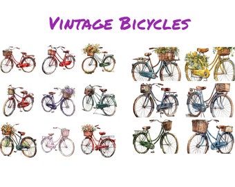 Watercolor Vintage Bicycles Clipart, PNG images, Instant Download Scrapbook, Junk Journal, Paper Crafts Scrapbooking, Transparent background