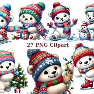 Imágenes prediseñadas PNG de oso polar de Navidad, lindas ilustraciones de osos de invierno, arte digital navideño, imágenes individuales PNG sobre fondo transparente