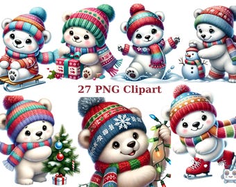 Imágenes prediseñadas PNG de oso polar de Navidad, lindas ilustraciones de osos de invierno, arte digital navideño, imágenes individuales PNG sobre fondo transparente