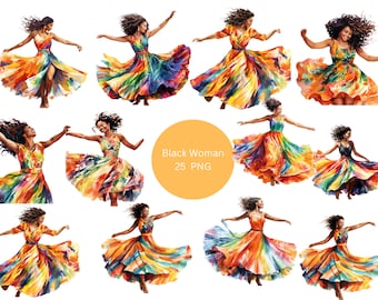 25 Black Women Dancers Watercolor Clipart, Women of Color Clipart, PNG individual images on transparent background, sublimation