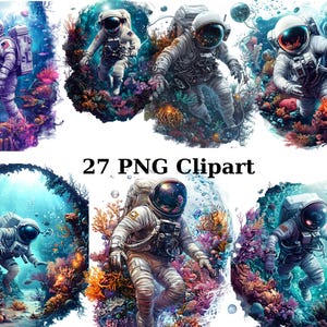 27 Astronauti nel mondo sottomarino Clipart, Clipart spaziale, immagini PNG singole su sfondo trasparente, sublimazione