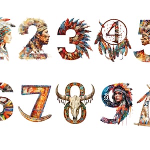 Clipart di numeri indiani nativi americani dell'acquerello, singole immagini PNG su sfondo trasparente, sublimazione, uso commerciale