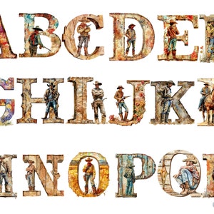 Watercolor Cowboy Alphabet Clipart, PNG individual images on transparent background, sublimation, commercial use