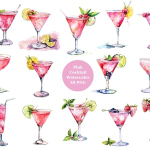 Clipart di cocktail rosa acquerello, file digitali PNG su sfondo trasparente, design a sublimazione, album di ritagli, uso commerciale