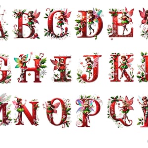Alphabet magique de fées de Noël - lettres rouges avec des fées festives, fond transparent, haute qualité, clipart, 12 x 12, usage commercial