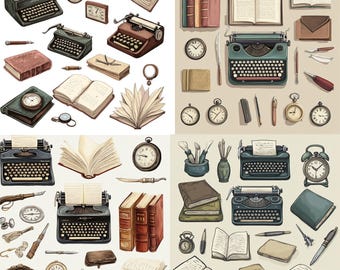 Vintage Writer Clipart – Typewriters, Books, Clocks, Pens PNG Bundle for Journaling, Scrapbooking, Stationery