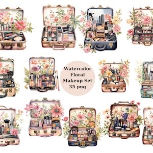 Kit de maquillaje floral de acuarela Clipart, archivos digitales PNG sobre fondo transparente, álbum de recortes, sublimación, uso comercial