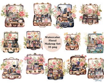Watercolor Floral Makeup Kit Clipart, PNG digital files on a transparent background, scrapbook, sublimation, commercial use