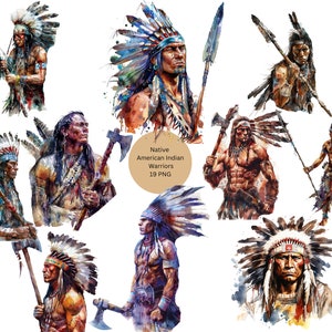 Clipart dei guerrieri indiani nativi americani, singole immagini PNG su sfondo trasparente, sublimazione, uso commerciale