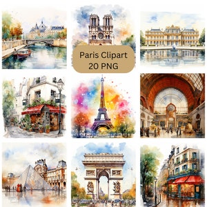 Acuarela París Clipart, archivos digitales PNG sobre un fondo transparente, álbum de recortes, invitaciones