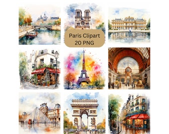 Watercolor Paris Clipart, PNG digital files on a transparent background, scrapbook, invitations