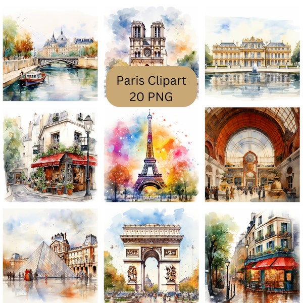 Watercolor Paris Clipart, PNG digital files on a transparent background, scrapbook, invitations