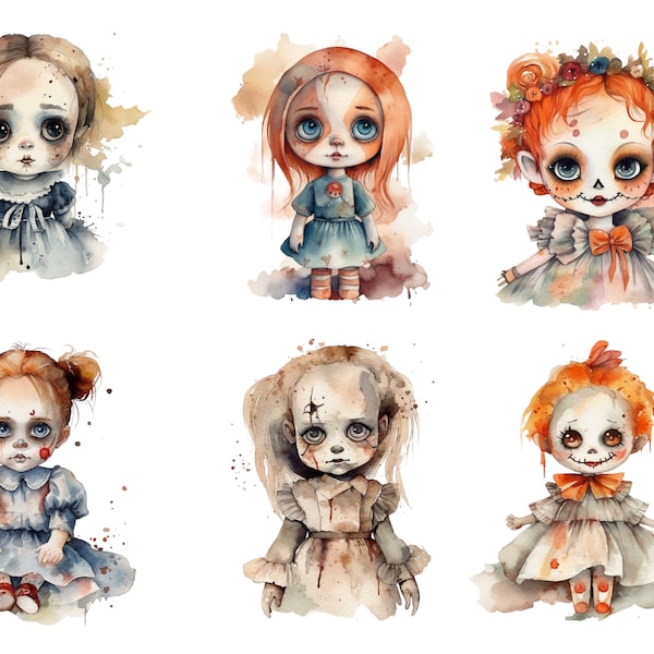 Halloween Scary Dolls Bundle, 20 beautiful PNG images, watercolor, clipart, transparent background, high quality, 12x12, commercial use