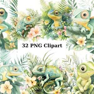 32 imágenes prediseñadas de acuarela de camaleón pastel, imágenes prediseñadas de animales, imágenes PNG individuales sobre fondo transparente, sublimación