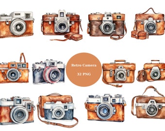 May include: Watercolor illustrations of vintage cameras in various styles and colors, including brown leather and silver accents. Some cameras are paired with matching cases. The image includes a circular text element that reads "Retro Camera 32 PNG".