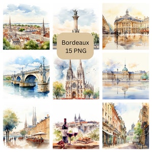 Clipart Bordeaux aquarelle, belles images individuelles PNG France sur fond transparent, sublimation, usage commercial
