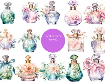40 Clipart ad acquerello di profumi floreali, clipart di fragranze, singole immagini PNG su sfondo trasparente, sublimazione