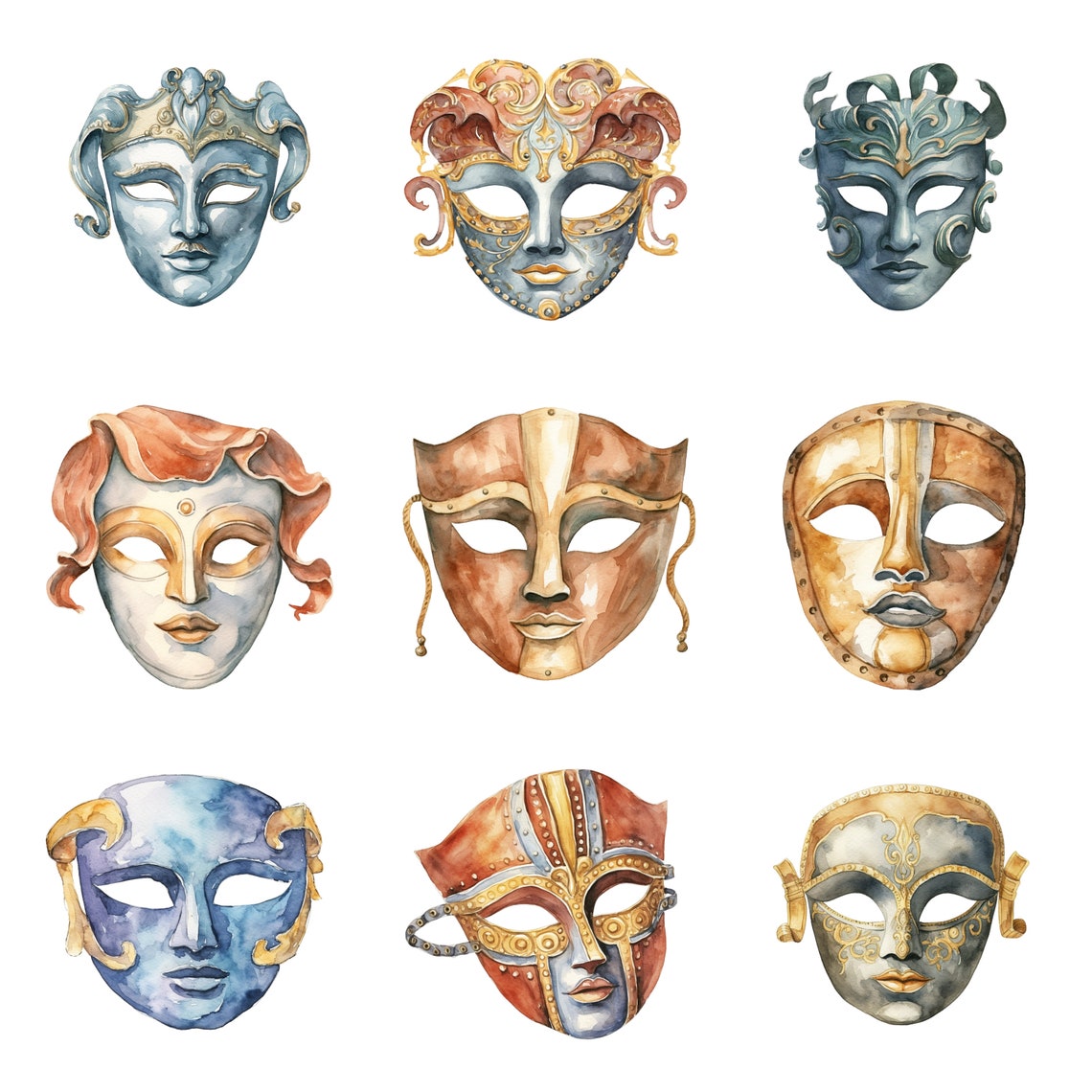 42 Greek Theater Masks Watercolor Clipart, Berries Clipart, PNG ...