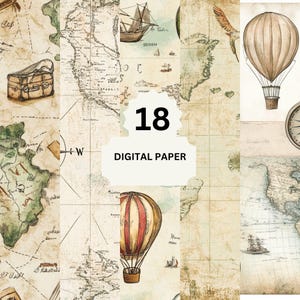 Vintage Landkarte Digitales Papier - 18 antike Reise-Hintergründe mit Ballons, Schiffen & Kompass für Junk Journals und Kunsthandwerk