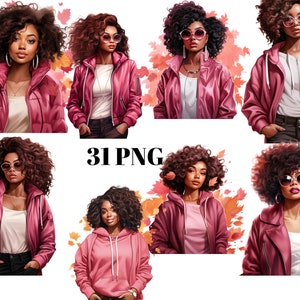 31 donne nere autunnali in rosa, donne di colore, clipart di moda, singole immagini PNG su sfondo trasparente, sublimazione